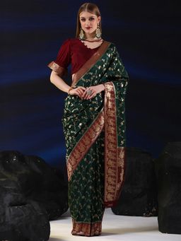 Sareemall - Womens Silk Blend Dark Green Woven Designer Saree with Unstitched Blouse