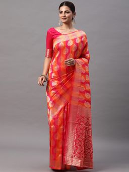 Akhilam - Womens Silk Blend Pink Woven Designer Saree with Unstitched Blouse