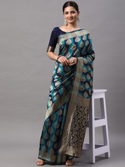 Akhilam - Womens Silk Blend Navy Blue Woven Designer Saree with Unstitched Blouse