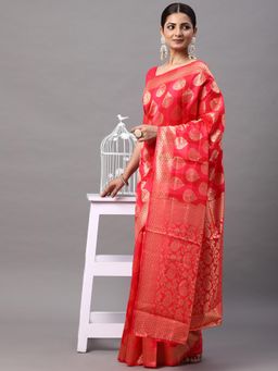 Akhilam - Womens Silk Blend Pink Woven Designer Saree with Unstitched Blouse