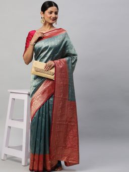 Akhilam - Womens Silk Blend Blue Woven Designer Saree with Unstitched Blouse