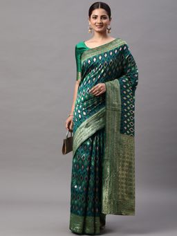 Akhilam - Womens Silk Blend Green Woven Designer Saree with Unstitched Blouse