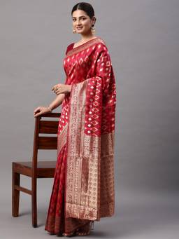 Akhilam - Womens Silk Blend Pink Woven Designer Saree with Unstitched Blouse