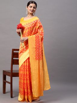 Akhilam - Womens Silk Blend Yellow Woven Designer Saree with Unstitched Blouse