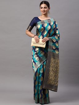 Akhilam - Womens Silk Blend Navy Blue Woven Designer Saree with Unstitched Blouse