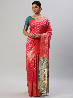 Akhilam - Womens Silk Blend Pink Woven Designer Saree with Unstitched Blouse
