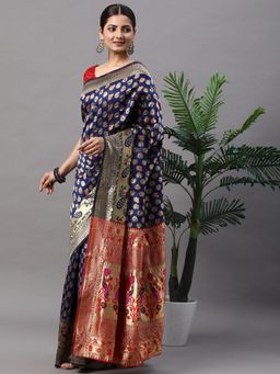 Akhilam - Womens Silk Blend Navy Blue Woven Designer Saree with Unstitched Blouse