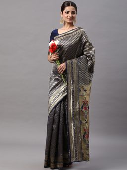 Akhilam - Womens Silk Blend Navy Blue Woven Designer Saree with Unstitched Blouse