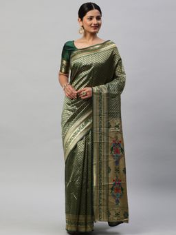 Akhilam - Womens Silk Blend Green Woven Designer Saree with Unstitched Blouse