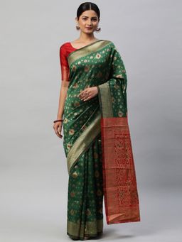 Akhilam - Womens Silk Blend Green Woven Designer Saree with Unstitched Blouse