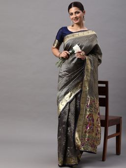 Akhilam - Womens Silk Blend Navy Blue Woven Designer Saree with Unstitched Blouse