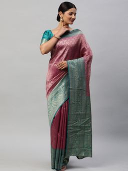 Akhilam - Womens Silk Blend Magenta Woven Designer Saree with Unstitched Blouse