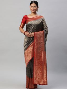 Akhilam - Womens Silk Blend Navy Blue Woven Designer Saree with Unstitched Blouse