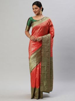 Akhilam - Womens Silk Blend Red Woven Designer Saree with Unstitched Blouse