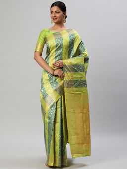 Akhilam - Womens Silk Blend Green Woven Designer Saree with Unstitched Blouse