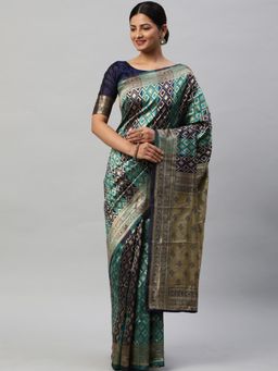 Akhilam - Womens Silk Blend Blue Woven Designer Saree with Unstitched Blouse