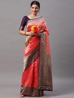 Akhilam - Womens Silk Blend Pink Woven Designer Saree with Unstitched Blouse