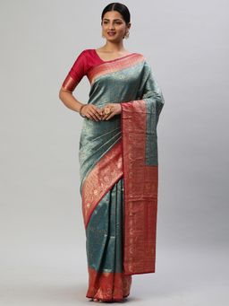 Akhilam - Womens Silk Blend Blue Woven Designer Saree with Unstitched Blouse