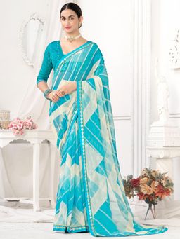 Akhilam - Womens Chiffon Blue Printed Designer Saree with Unstitched Blouse