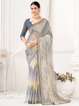 Akhilam - Womens Chiffon Grey Printed Designer Saree with Unstitched Blouse