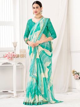 Akhilam - Womens Chiffon Turquoise Printed Designer Saree with Unstitched Blouse