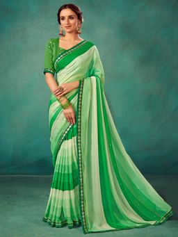 Sareemall - Womens Chiffon Green Printed Designer Saree with Unstitched Blouse