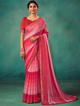 Sareemall - Womens Chiffon Pink Printed Designer Saree with Unstitched Blouse