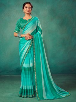 Sareemall - Womens Chiffon Teal Blue Printed Designer Saree with Unstitched Blouse