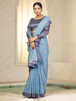Akhilam - Womens Chiffon Blue Printed Designer Saree with Unstitched Blouse