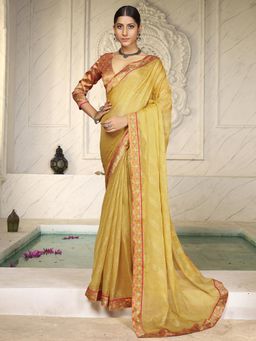 Akhilam - Womens Chiffon Mustard Printed Designer Saree with Unstitched Blouse