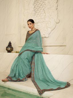 Akhilam - Womens Chiffon Turquoise Printed Designer Saree with Unstitched Blouse