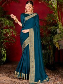Sareemall - Womens Vichitra Silk Teal Blue Handloom Designer Saree with Unstitched Blouse
