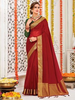 Akhilam - Womens Organza Maroon Woven Designer Saree with Unstitched Blouse