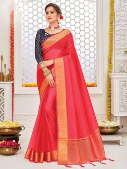Akhilam - Womens Organza Pink Woven Designer Saree with Unstitched Blouse