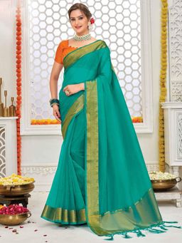 Akhilam - Womens Organza Blue Woven Designer Saree with Unstitched Blouse