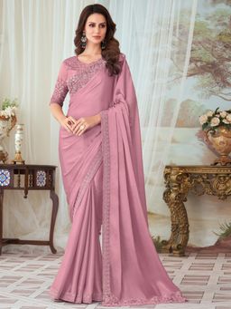 Akhilam - Womens Silk Blend Mauve Embellished Designer Saree with Unstitched Blouse