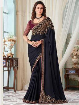 Akhilam - Womens Satin Silk Navy Blue Embellished Designer Saree with Unstitched Blouse
