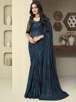 Akhilam - Womens Georgette Teal Blue Embellished Designer Saree with Unstitched Blouse