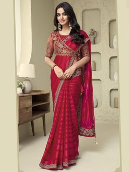 Akhilam - Womens Georgette Pink Embellished Designer Saree with Unstitched Blouse