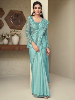 Akhilam - Womens Georgette Sea Green Embellished Designer Saree with Unstitched Blouse