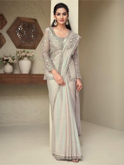 Akhilam - Womens Georgette Beige Embellished Designer Saree with Unstitched Blouse