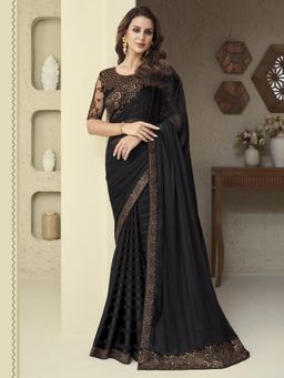 Akhilam - Womens Georgette Black Embellished Designer Saree with Unstitched Blouse