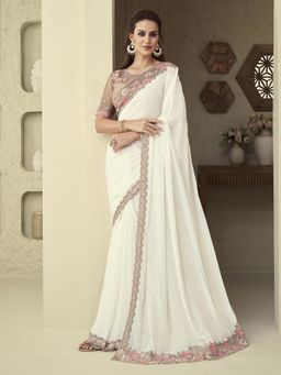 Akhilam - Womens Georgette White Embellished Designer Saree with Unstitched Blouse