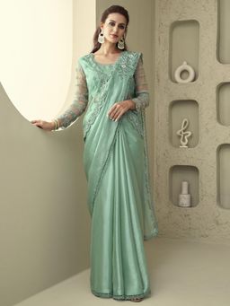 Akhilam - Womens Satin Silk Turquoise Embellished Designer Saree with Unstitched Blouse