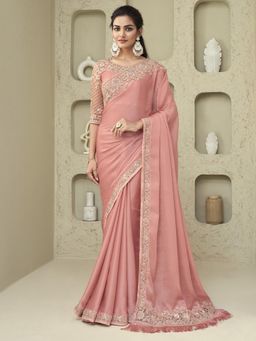 Akhilam - Womens Georgette Pink Embellished Designer Saree with Unstitched Blouse