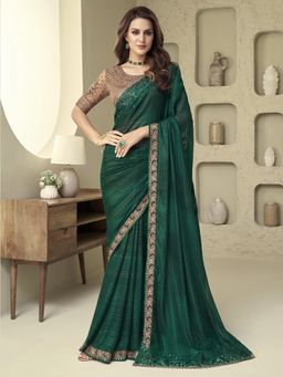 Akhilam - Womens Georgette Green Embellished Designer Saree with Unstitched Blouse