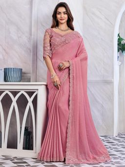 Akhilam - Womens Georgette Pink Embellished Designer Saree with Unstitched Blouse