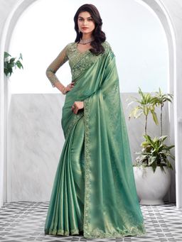 Akhilam - Womens Chiffon Sea Green Embellished Designer Saree with Unstitched Blouse