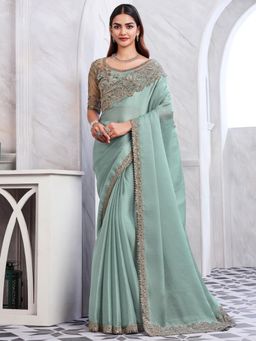 Akhilam - Womens Chiffon Sea Green Embellished Designer Saree with Unstitched Blouse