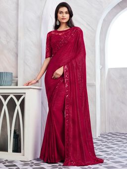 Akhilam - Womens Chiffon Pink Embellished Designer Saree with Unstitched Blouse